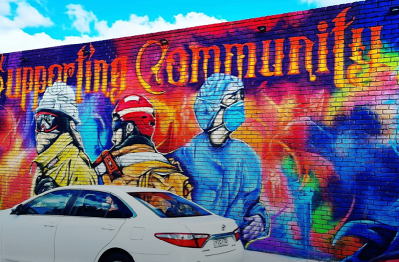 Walls for Causes hold a big place in Joe Quilter's heart. Here's his "Supporting Community" mural after the bushfires near his home in the Wollondilly Shire.
